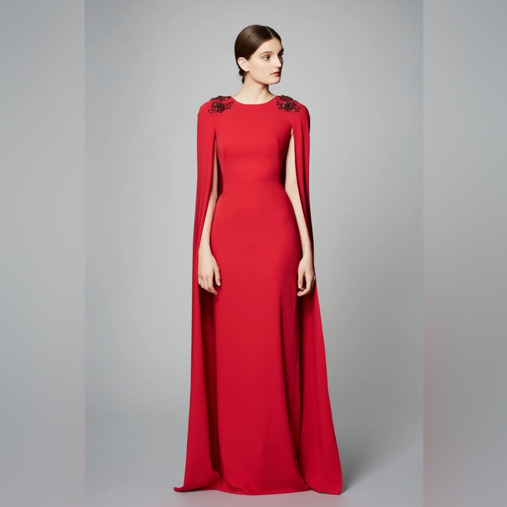Marchesa Notte Red/Pink/Coral Embellished Cape Gown - Worn Once